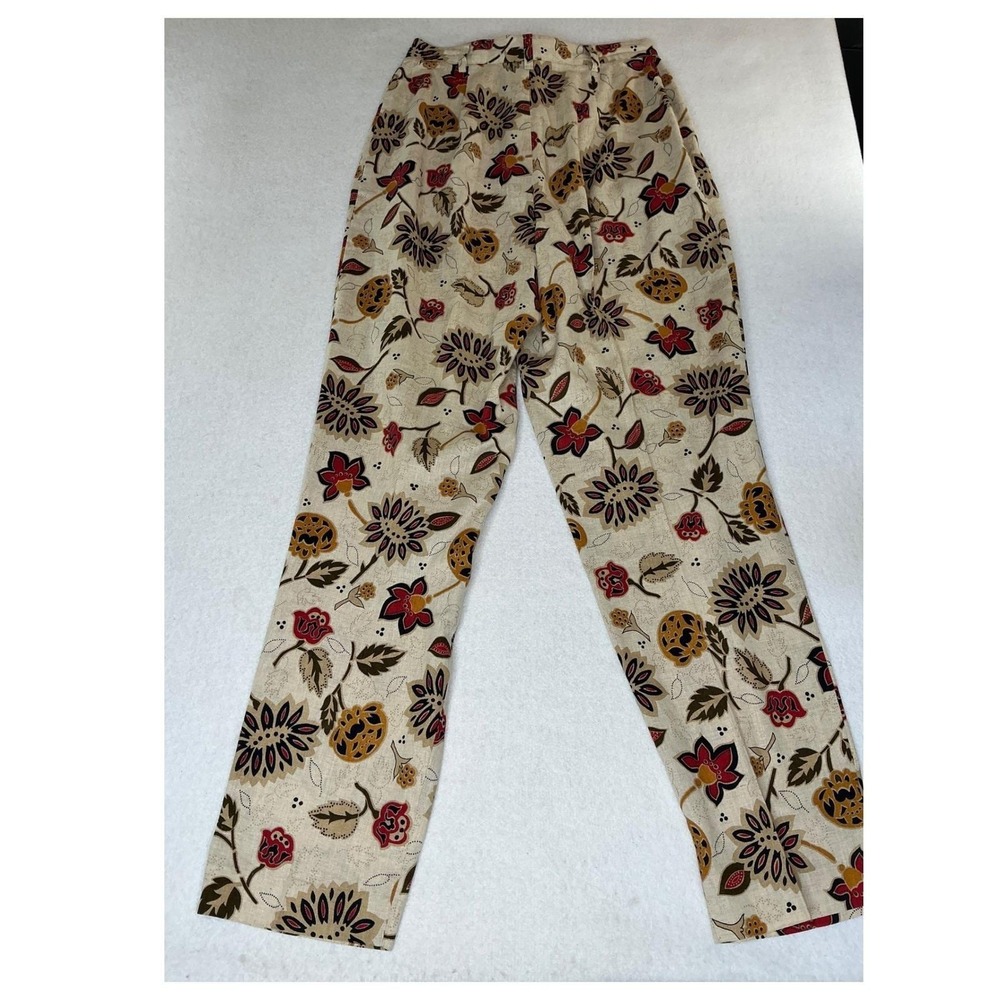 Vtg Breeches Floral Linen Cotton Trousers 27 Cream Mustard Burgundy HighRise 90s - Picture 4 of 6